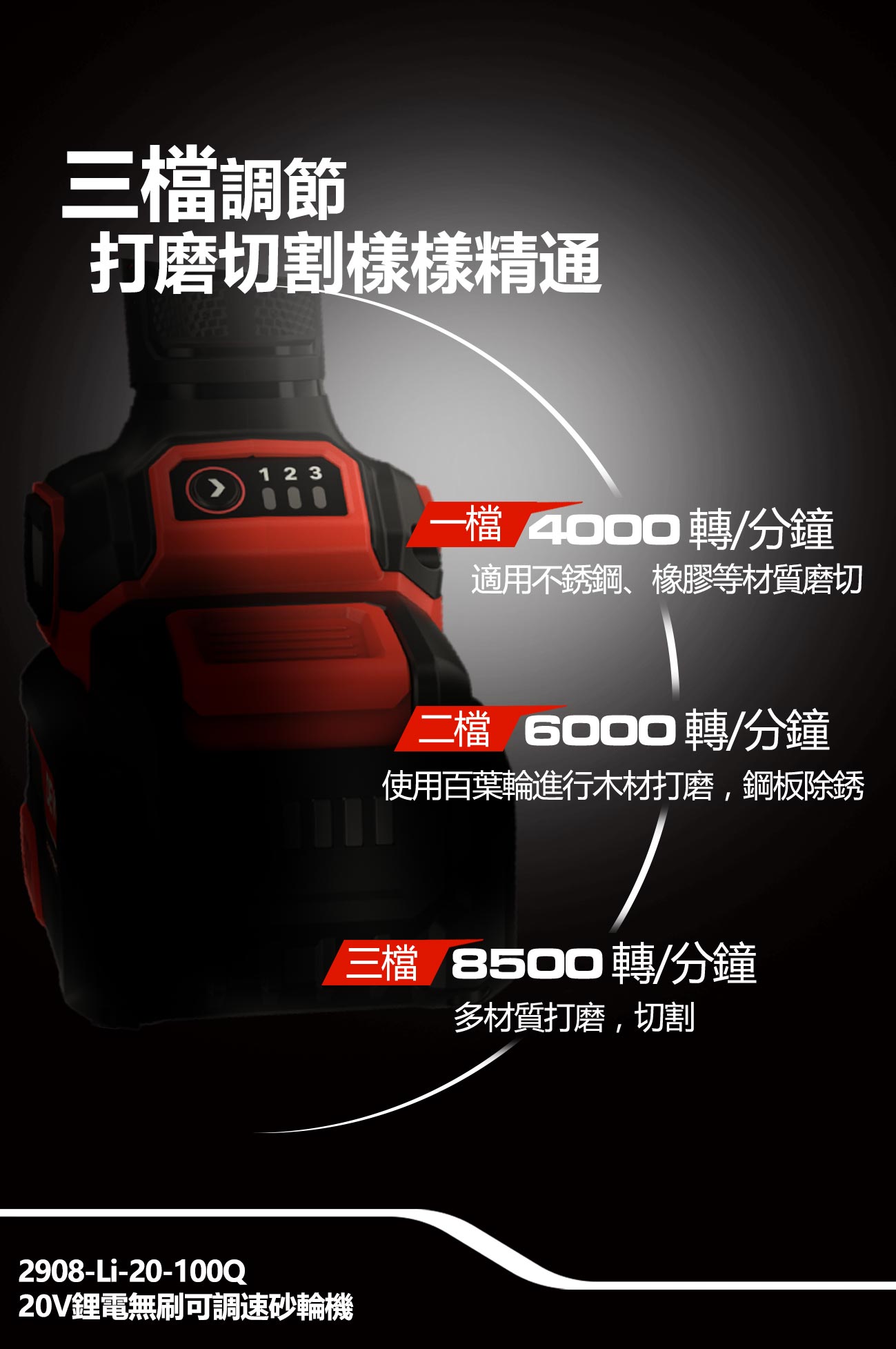 2908-Li-20Q鋰電無刷可調速砂輪機