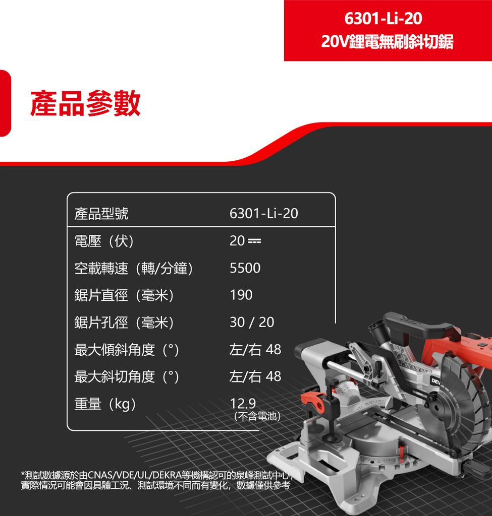 新品登場 6301-Li-20 鋰電無刷斜鋸機