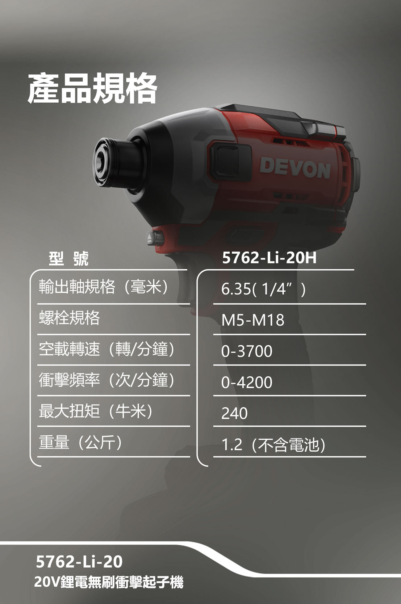 5762-Li-20 20V充電無刷衝擊起子機(240Nm)