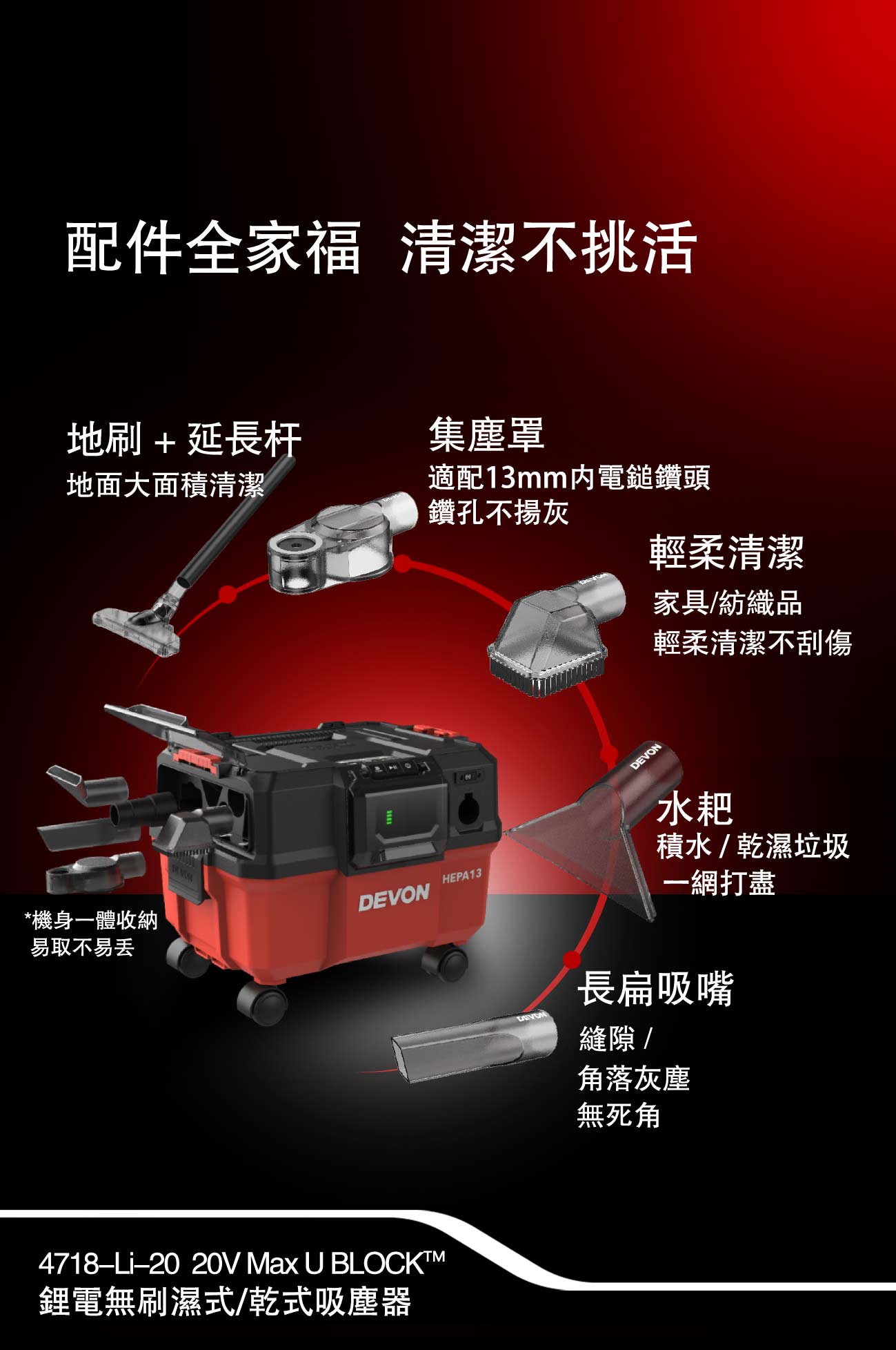 4718-Li-20鋰電無刷乾/濕兩用吸塵器(17000Pa)