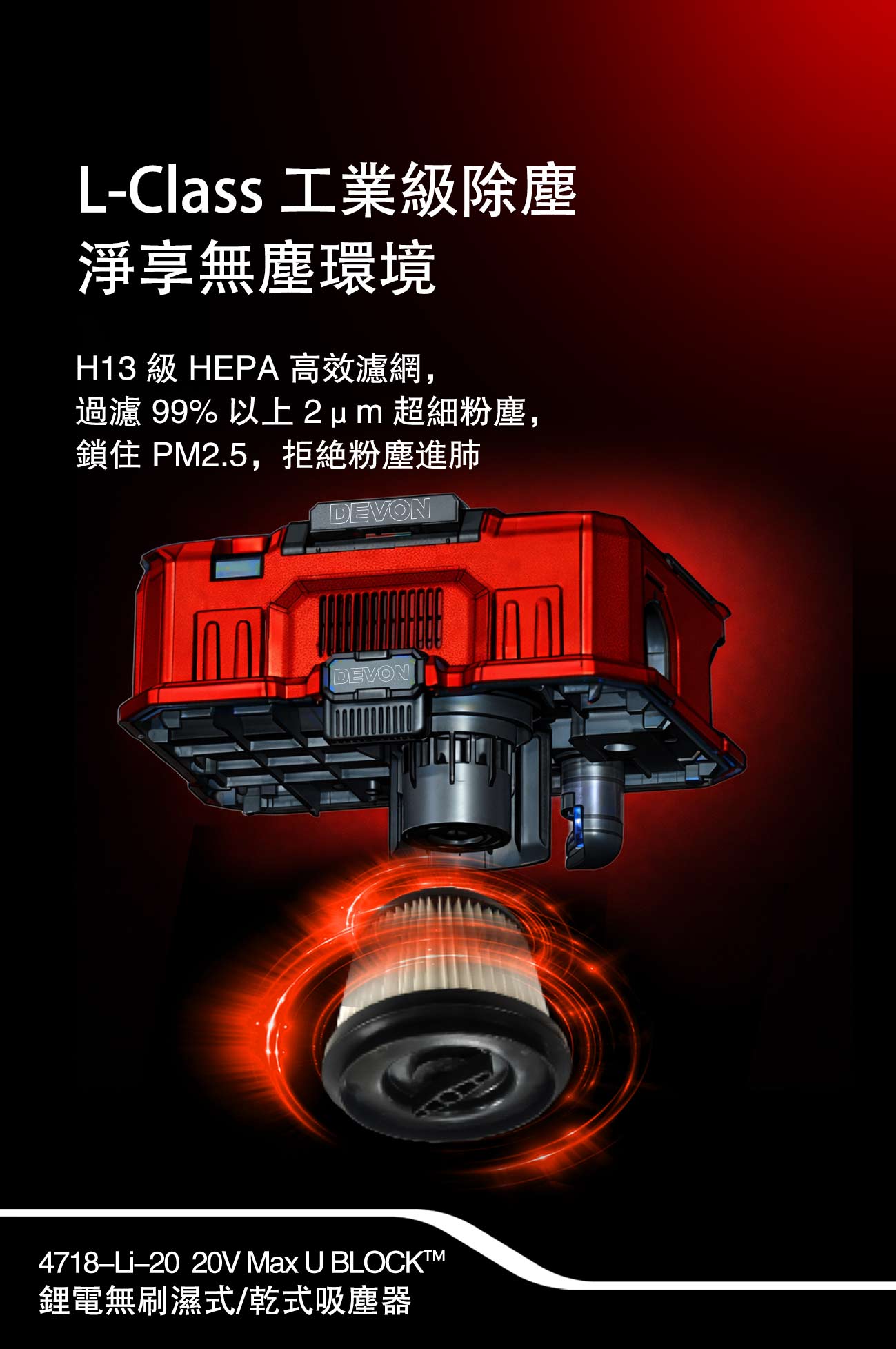 4718-Li-20鋰電無刷乾/濕兩用吸塵器(17000Pa)