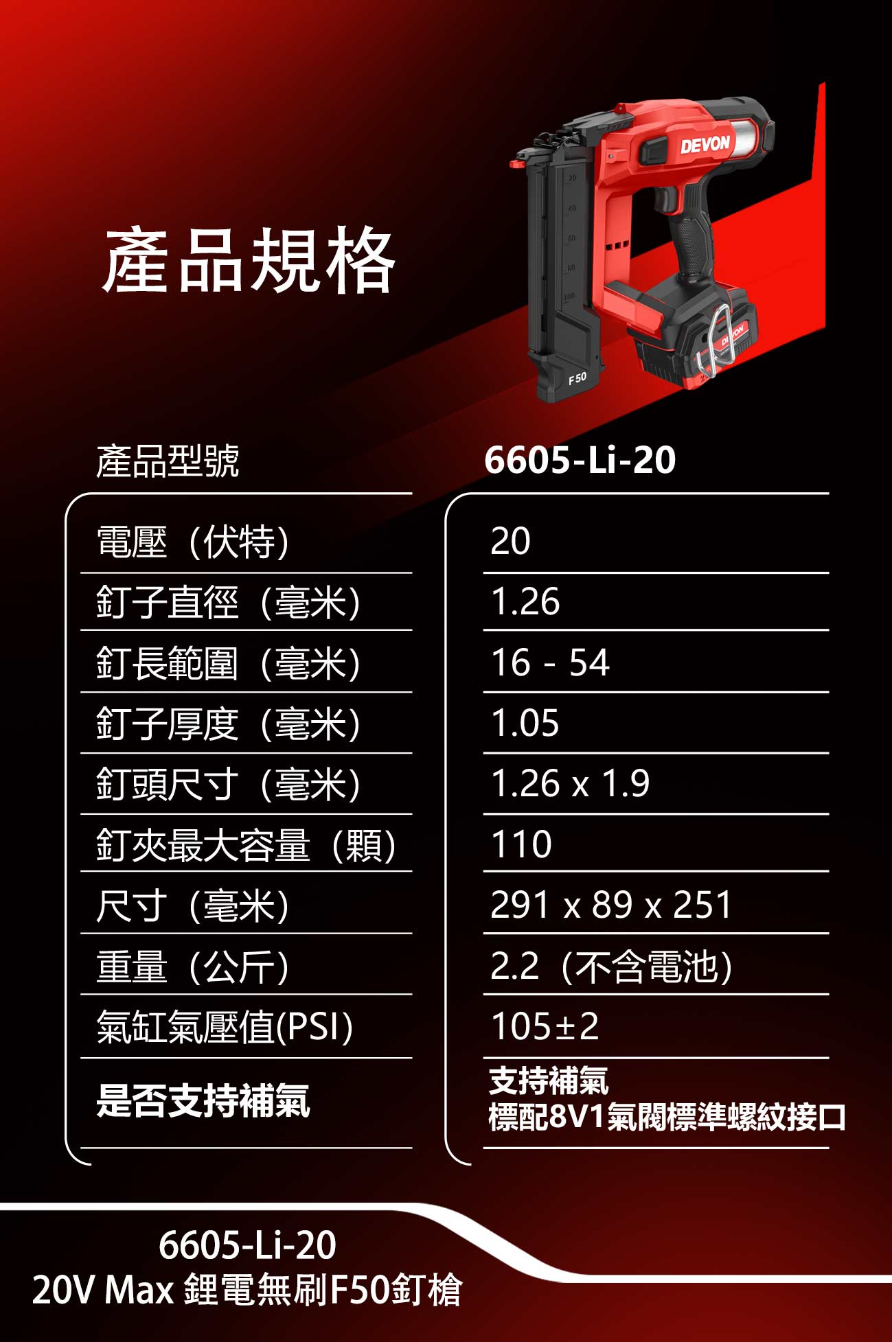 6605-Li-20鋰電無刷F50釘槍