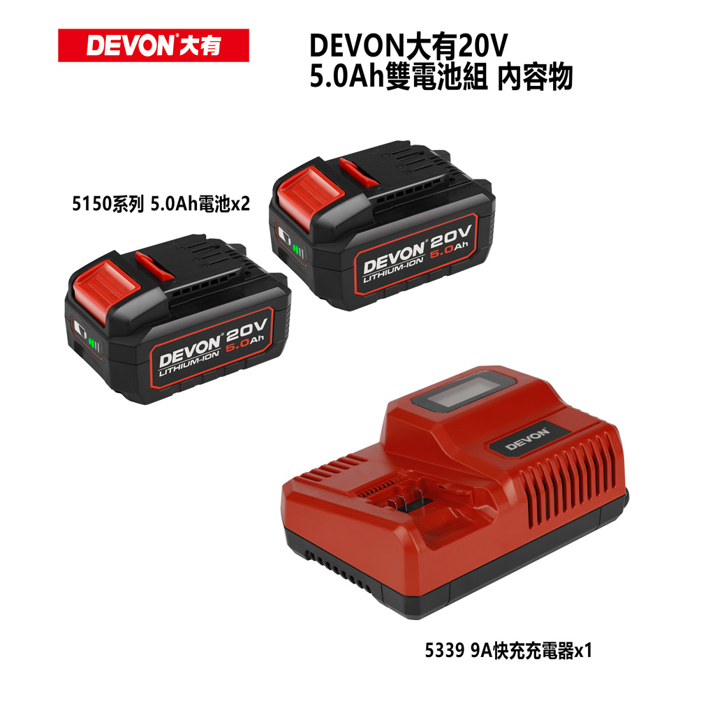 【DEVON大有】20V 5.0Ah雙電池組